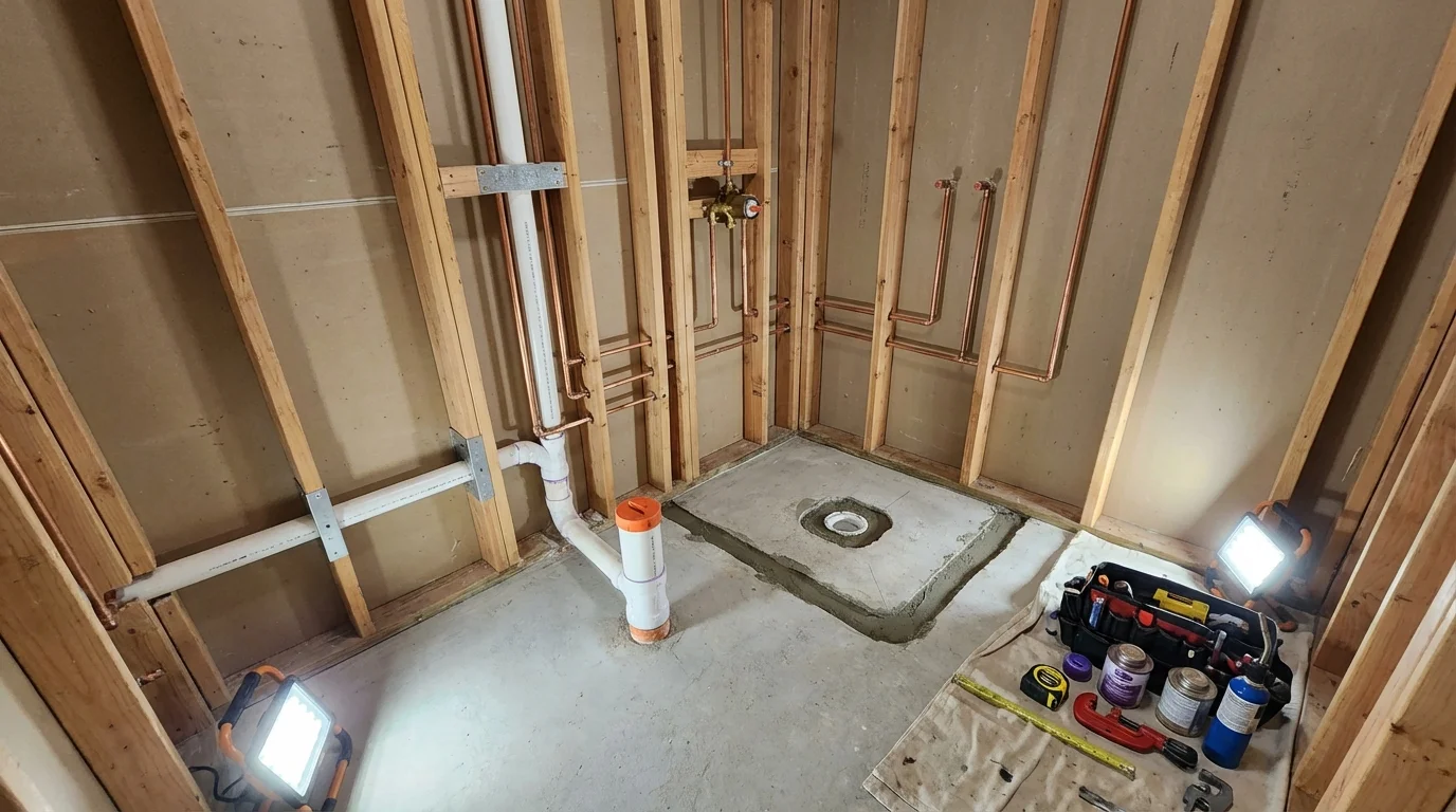 Bathroom rough-in plumbing during remodel by Johns Plumbing LLC in Moriarty