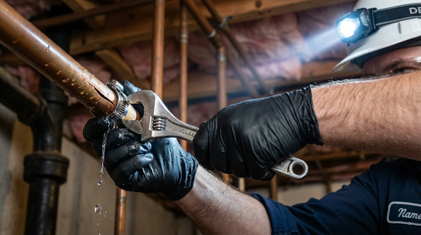 Emergency pipe clamp repair being performed by a Johns Plumbing LLC plumber in Moriarty