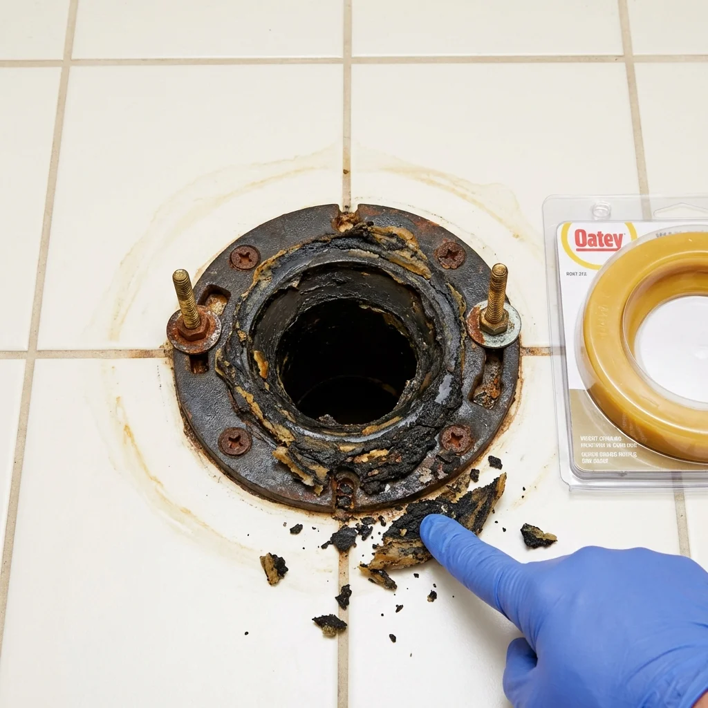 Failed wax ring showing water seepage at the base of a toilet in a Moriarty, NM home