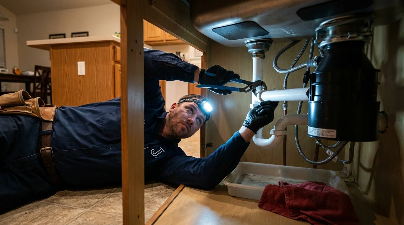 P-trap and supply line connections under a kitchen sink showing a common leak point in Moriarty, NM